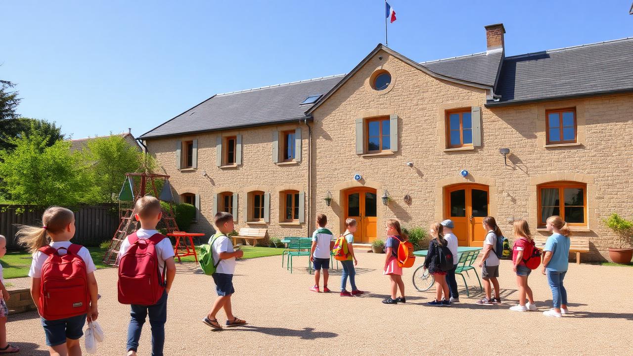 Cour du groupe scolaire du village un matin de rentrée