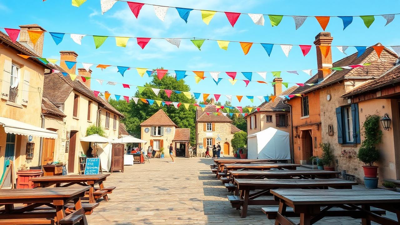 Guirlandes colorées au-dessus de la place du village en fête