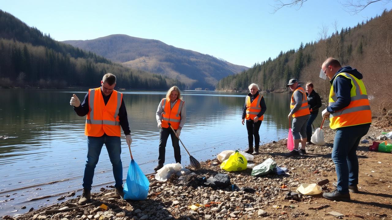 Bénévoles nettoyant les berges du lac de Samognat-Matafelon