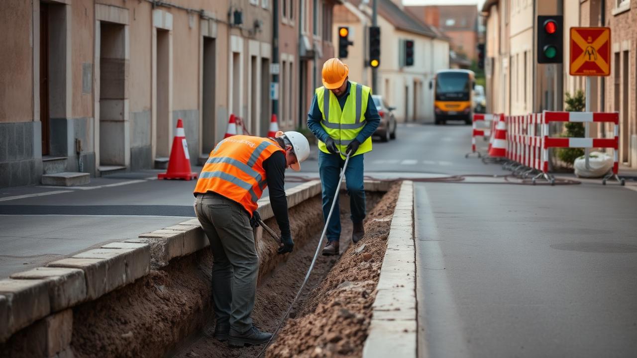 Ouvriers effectuant des travaux d'enfouissement dans une rue de village